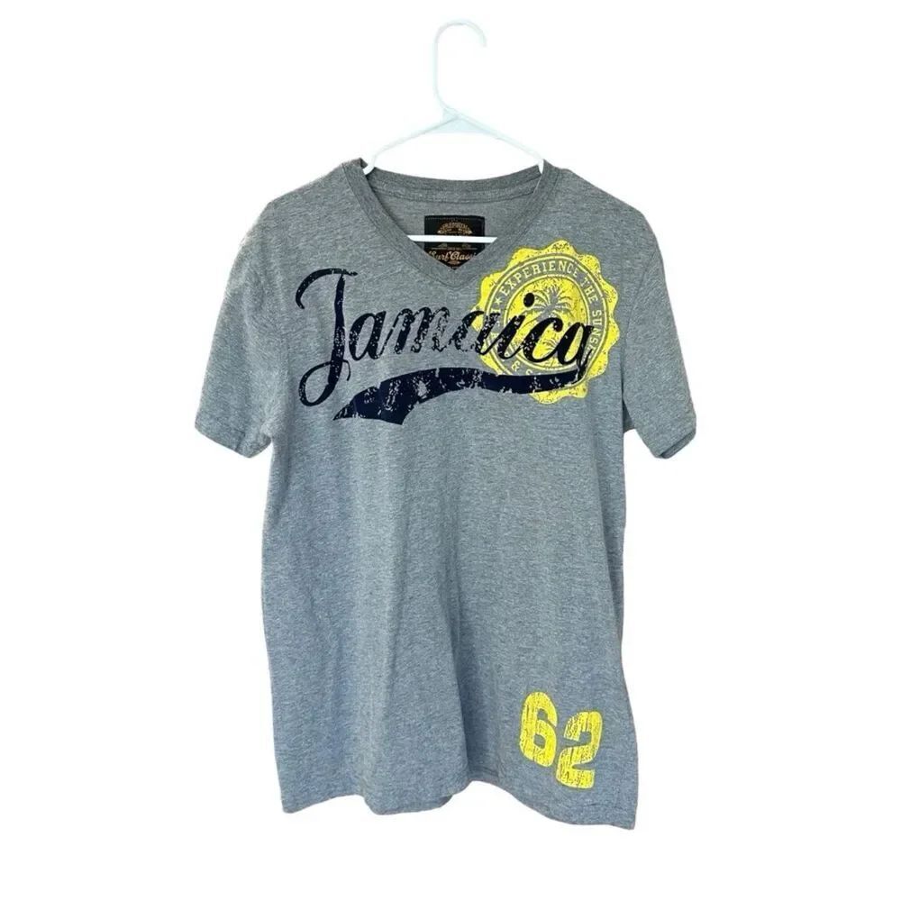 Women's Short Sleeve Cotton Jamaica Graphic Tee Gray/Blue/Yellow Large